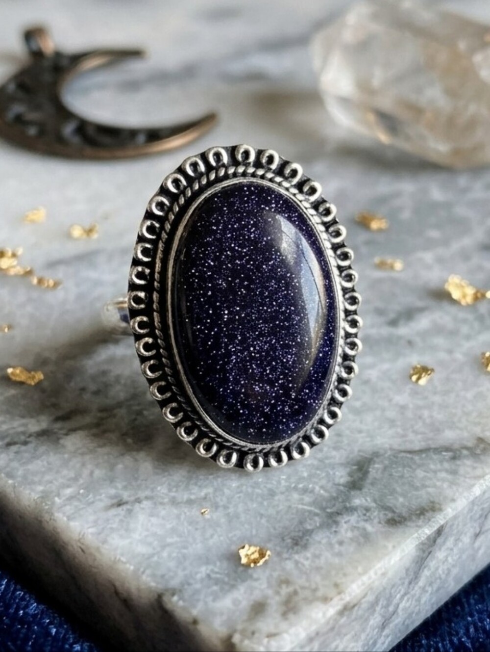 925 Sterling Silver Blue Goldstone Oval Statement Ring Whimsigoth Sz 8.75